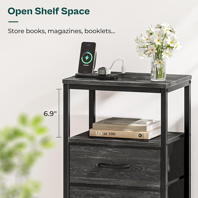 Huuger Nightstand with Charging Station, Fabric Drawers, End Table with Open - Image 8