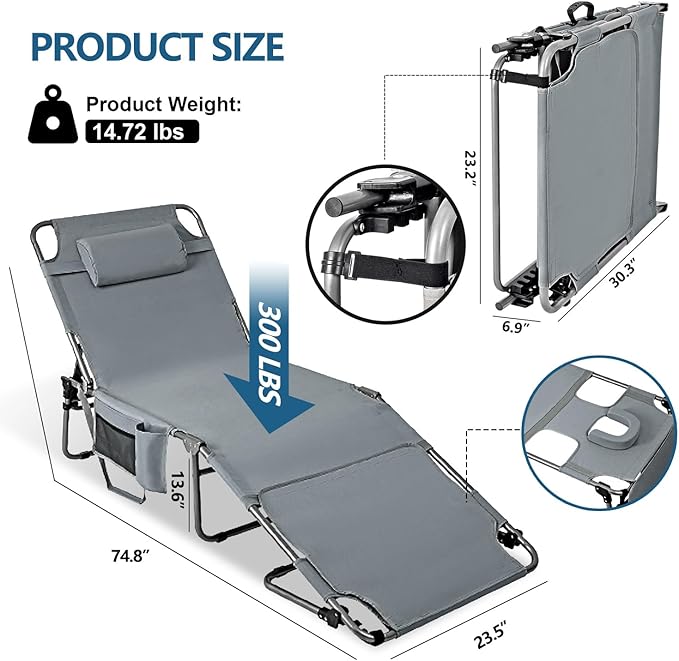 Tanning Chair with Face Hole, Adjustable Folding Chaise Lounge Chairs - Image 2