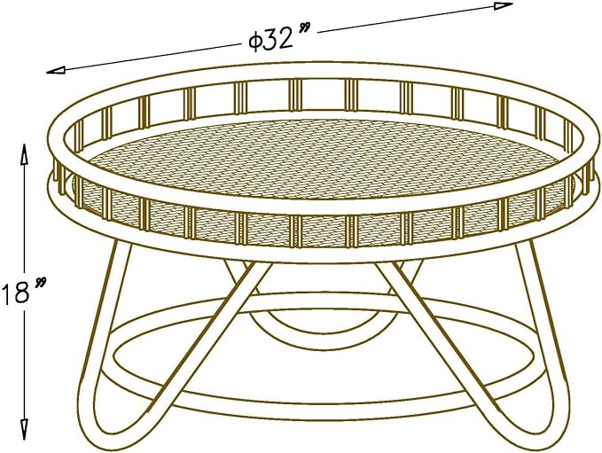 FINECASA Round Rattan Coffee Table, Modern Unique Farmhouse Tray Top Center - Image 2