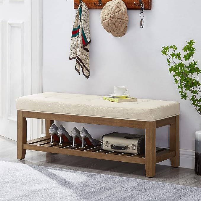 24KF Large Rectangular Upholstered Tufted Linen Ottoman Bench, Padded Bench - Image 3