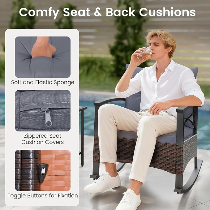 Tangkula 3 Pieces Outdoor Rocking Chairs Set, Rattan Heavy Duty Cushioned - Image 7