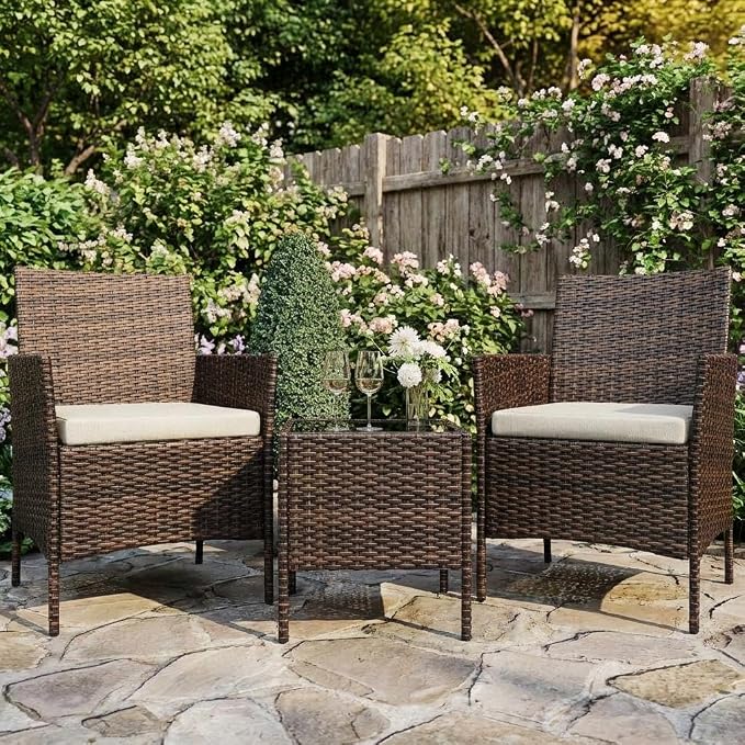 3PCS Outdoor Patio Bistro Set, PE Rattan Wicker Armchairs - Image 3