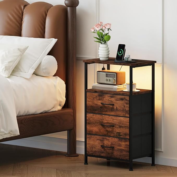 Somdot Tall Nightstand with Charging Station and LED Light - Image 2