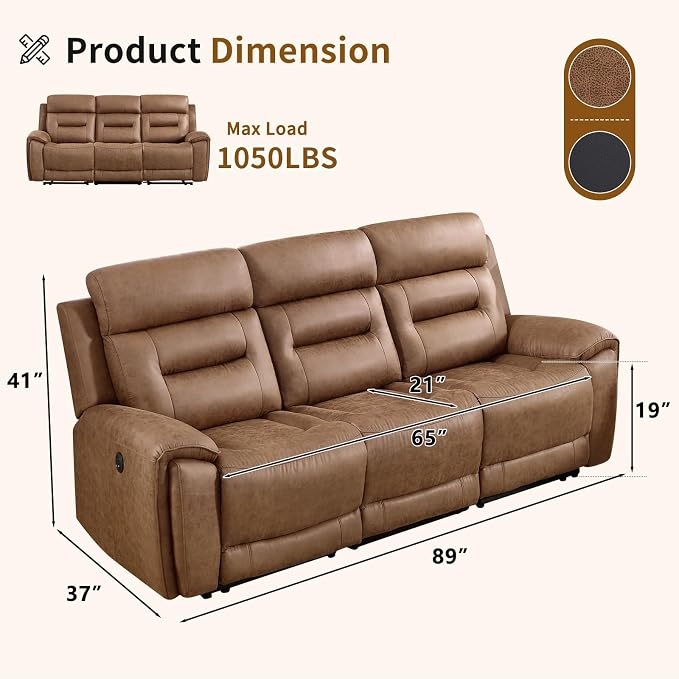ANJ Power Oversized Reclining Sofa Couch, Breathable Faux Leather 3-Seater - Image 2