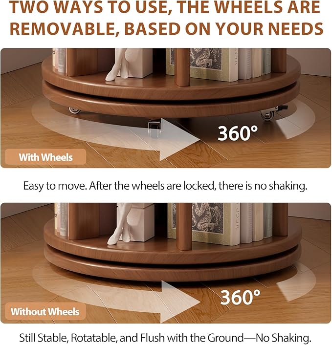 Muwuele Solid Wood Rotating Bookshelf on Wheels, 4 Tier, Round Revolving - Image 5