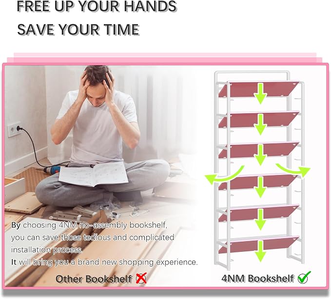 4NM No Assembly 6 Tiers Folding Bookshelf Storage Shelves Vintage Bookcase - Image 7