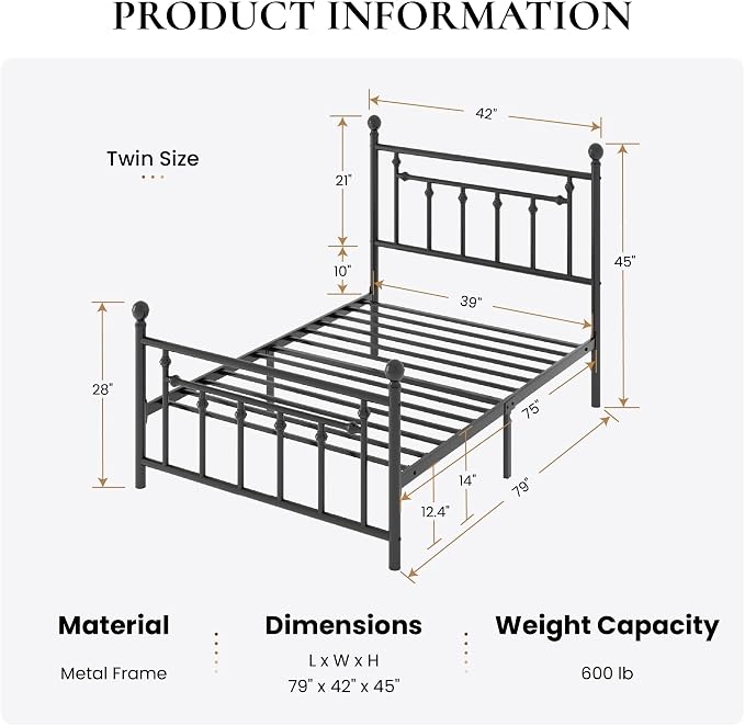 SHA CERLIN 14" Twin Size Metal Platform Bed Frame/Victorian Headboard and - Image 2