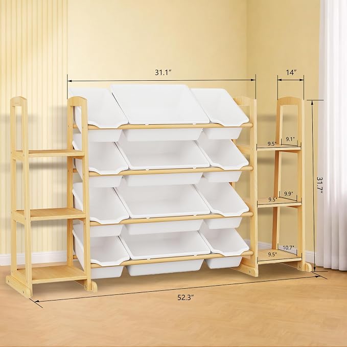 Toy Storage Organizer with Bookshelf – Wooden Toy Organizer with 12 Toy Bins & - Image 2