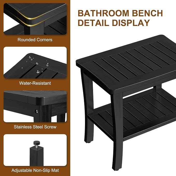 Extra Bamboo Black Shower Bench Stool Waterproof Shower Chair Spa Bath Seat - Image 4