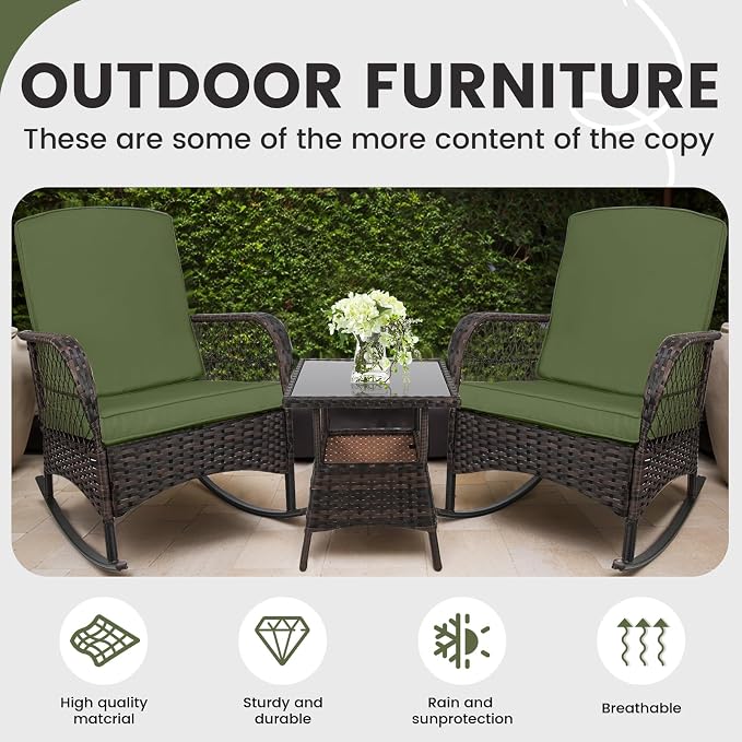 LEVELEVE 3 pcs Rocking Bistro Set Conversation Chairs PE Wicker Outdoor Rocking - Image 5
