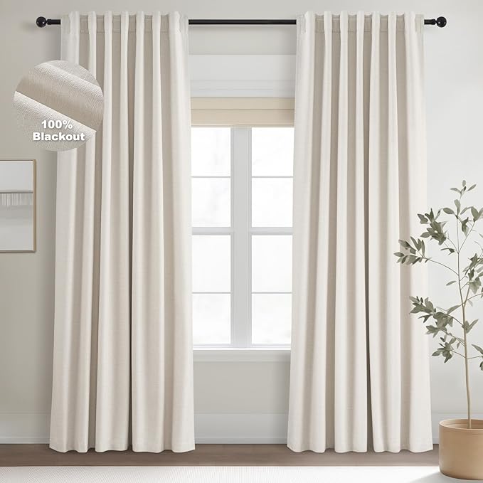 Topfinel 92 Inch Long Black Out Custom Drapery 2 Panels Neutral Blackout Cream by Topfinel