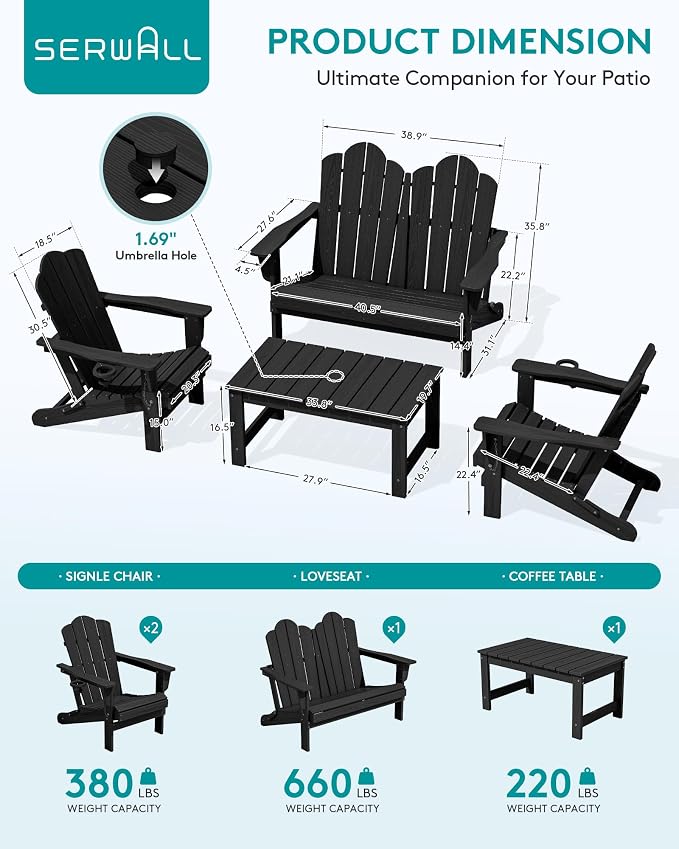 SERWALL 4 Pieces HDPE Patio Adirondack Chair Set, 2 Adirondack Chair - Image 3