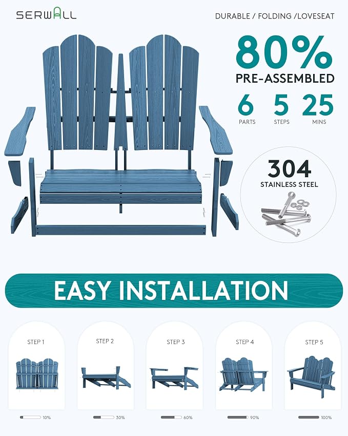 SERWALL Outdoor Folding Adirondack Bench, HDPE All-Weather Adirondack Loveseat - Image 2