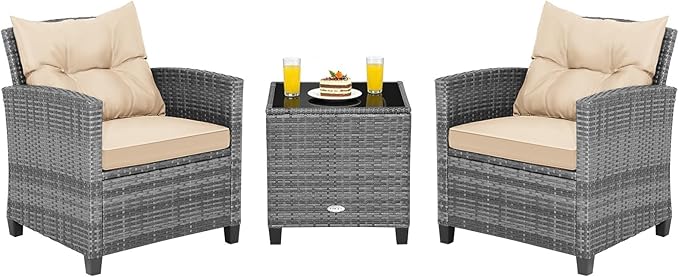 COSTWAY 3PCS Patio Furniture Set, PE Rattan Wicker Sofa w/Washable Cushion and by COSTWAY