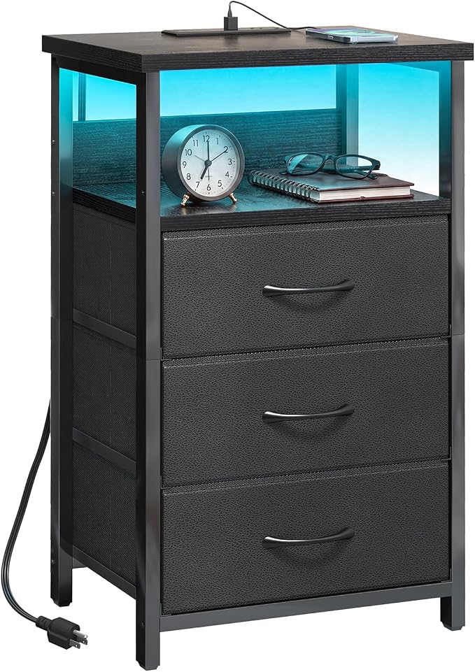 Fixwal Night Stand with 3 Fabric Storage Drawers, LED Nightstand with Charging by Fixwal