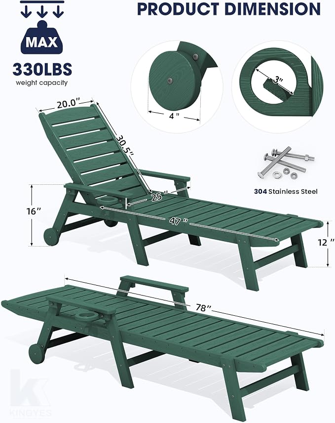 KINGYES HDPE Lounge Chair Outdoor Set of 4, Patio Chaise Lounge Recliner - Image 2