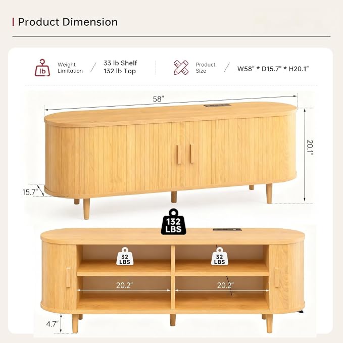 58" Mid Century Modern TV Stand, Wood TV Consoles - Image 3