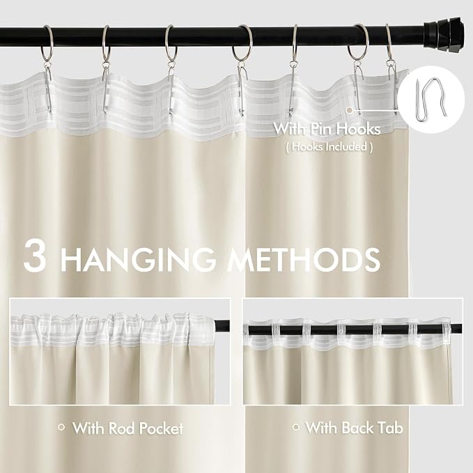MIULEE Beige White Back Tab Blackout Curtain 96 Inch Long 2 Panels Set - Image 3