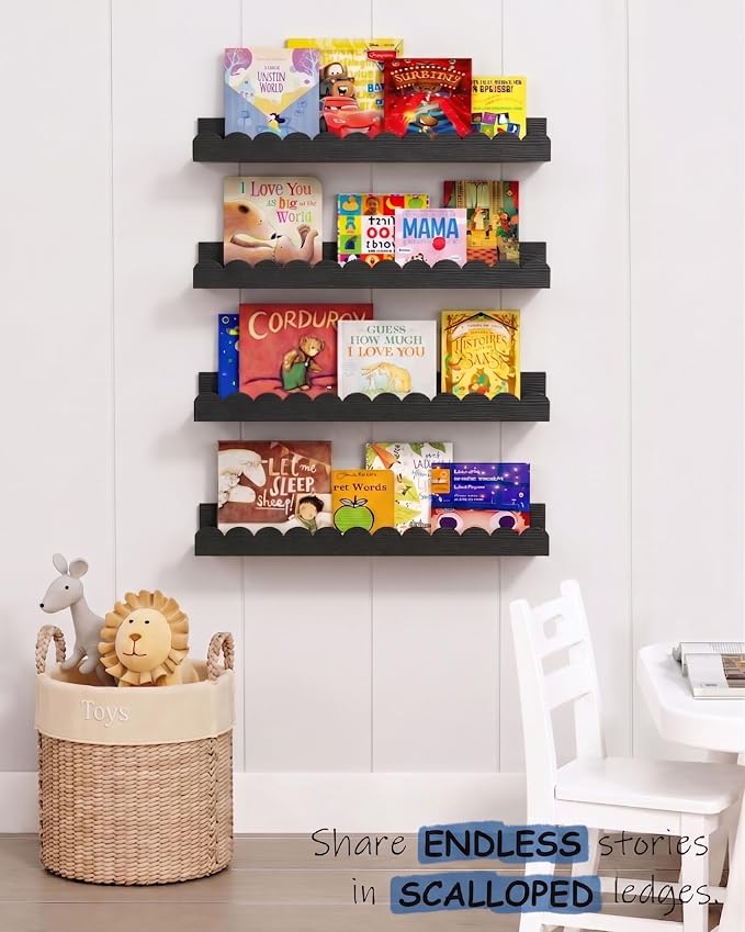 Harwaya Black Floating Nursery Wall Book Shelves Set of 4, Scalloped Shelves - Image 5