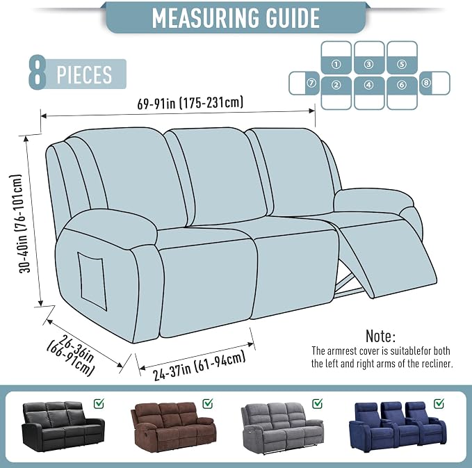TAOCOCO Recliner Sofa Covers 8-Pieces Stretch Large Couch Covers - Image 5