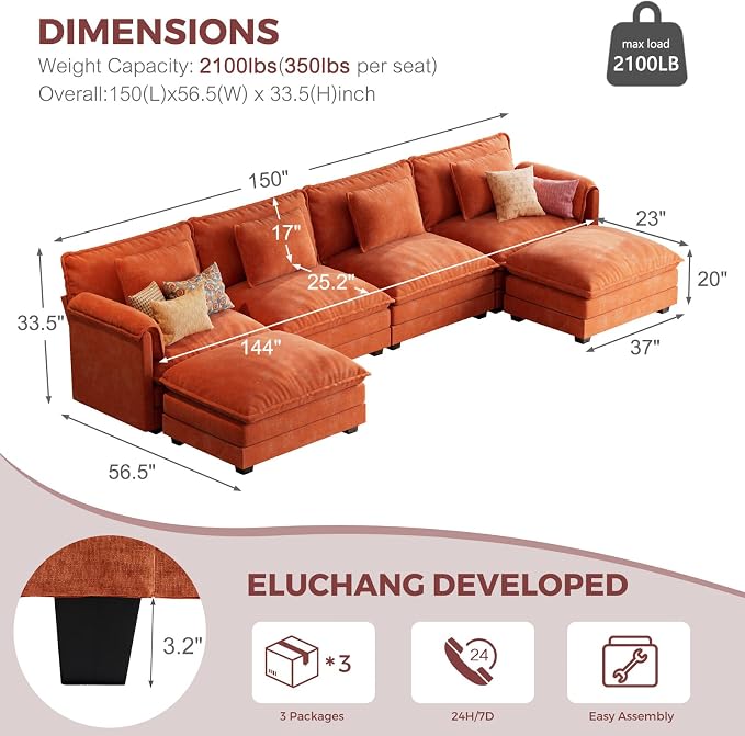 ELUCHANG 150" U Shaped Modular Sectional Cloud Couch - Image 2