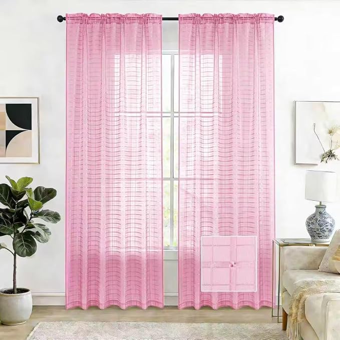 SpaceDresser Check Sheer Curtains 54 Inches 2 Panels Set, Rod Pocket Plaid by SpaceDresser