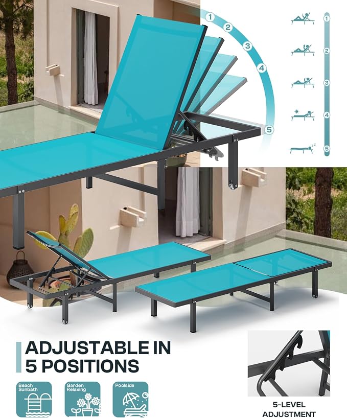 Lounge Chair Outdoor with Wheels, Aluminum Patio Chaise Lounge Chair with 5 - Image 4