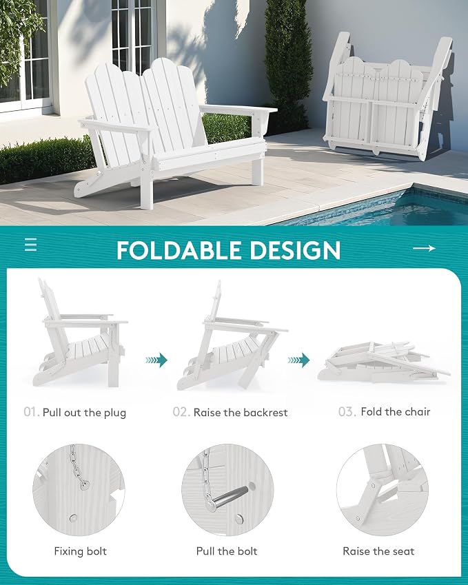 SERWALL 3 Pieces Patio Adirondack Bench Set, 2 Folding Adirondack Bench & 1 - Image 7
