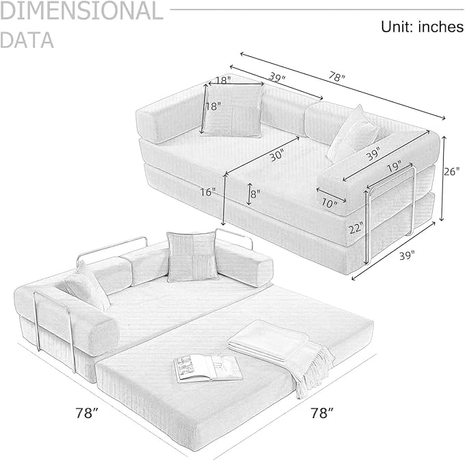 4-in-1 Folding Convertible Sofa Bed, 78 Inch Boneless Couch - Image 2