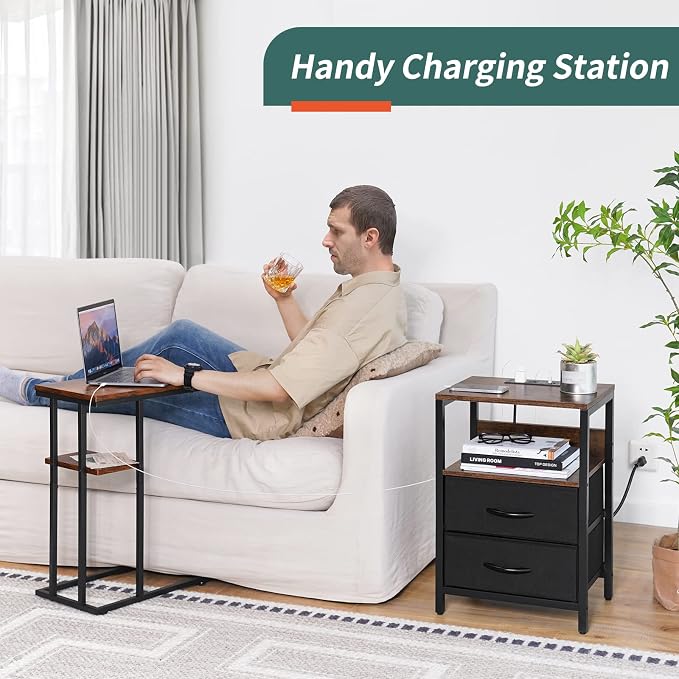 Yoobure Nightstand with Charging Station, Small Night Stand with Fabric Drawers - Image 4