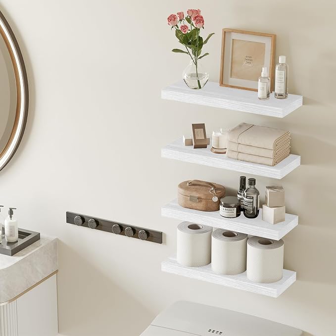 Fixwal White Shelves for Wall, 15.7in Rustic Wood Finish Floating Wall Shelves - Image 2