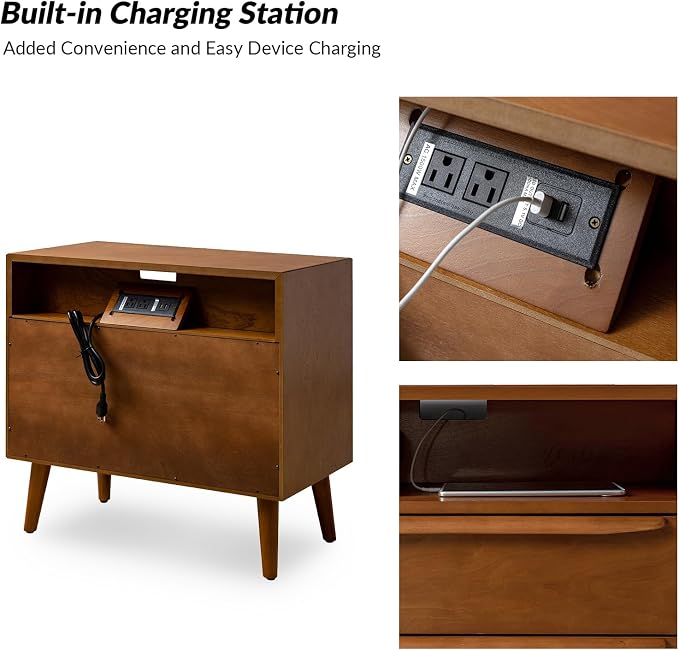 HULALA HOME End Table with Charging Station, Mid-Century Modern 2 Drawer and - Image 4