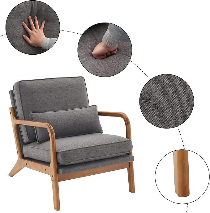 Bonnlo Linen Dark Grey Mid Century Modern Accent Chair, Soild Wood Padding - Image 4