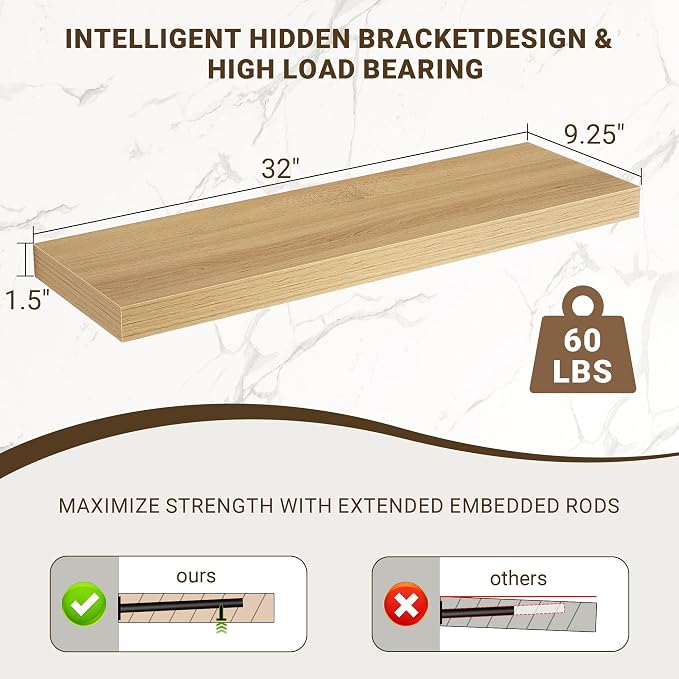 Acovy 32 Inch Floating Shelves, 3D Textured Wood Grain, Wooden Shelves - Image 3