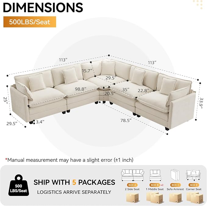 113'' V Shaped Cloud Sectional Sofa, Oversized Deep Seat Couches - Image 2