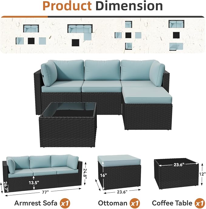 Aoxun Outdoor Patio Furniture Set, 5-Pieces All-Weather Rattan Sectional Sofa - Image 2