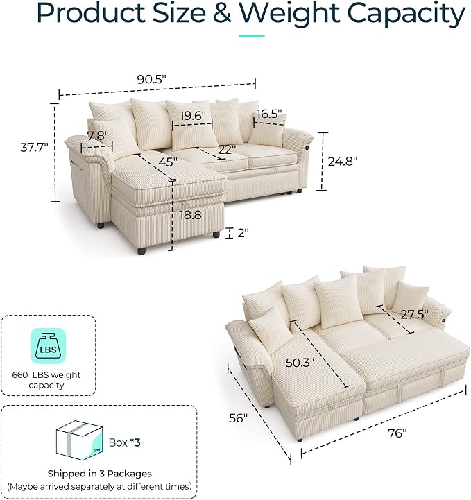 LINSY HOME 90.5'' Sectional Sleeper Sofa - Image 2
