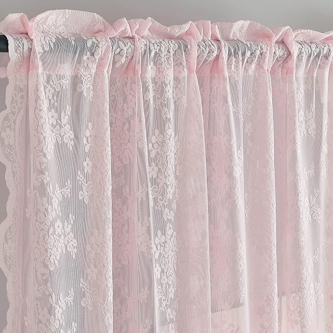 YJ YANJUN Vintage Lace Curtains 108 inches Long 2 Panels Cute Floral Pink Sheer - Image 4