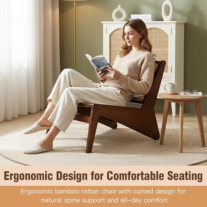 Welnow Mid Century Rattan Accent Chair, Bamboo Wood Lounge Chair - Image 6