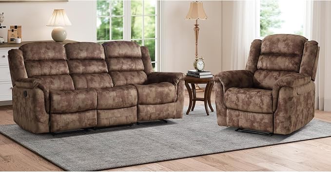 EBELLO 2 Pieces Reclining Couch Furniture Set, Soft Fabric Manual Recliner Sofa by EBELLO