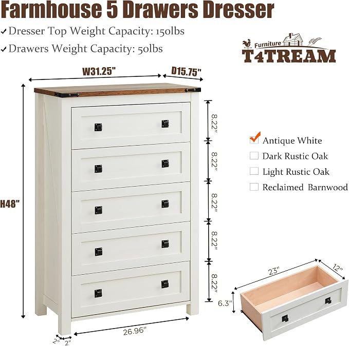 T4TREAM Farmhouse 5 Drawers Dresser Chests - Image 2