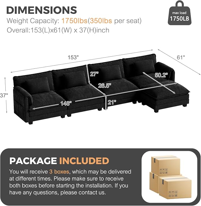 ELUCHANG Oversized 153" Modular Sectional Sofa, Comfy Cloud Couch, L Shaped - Image 2
