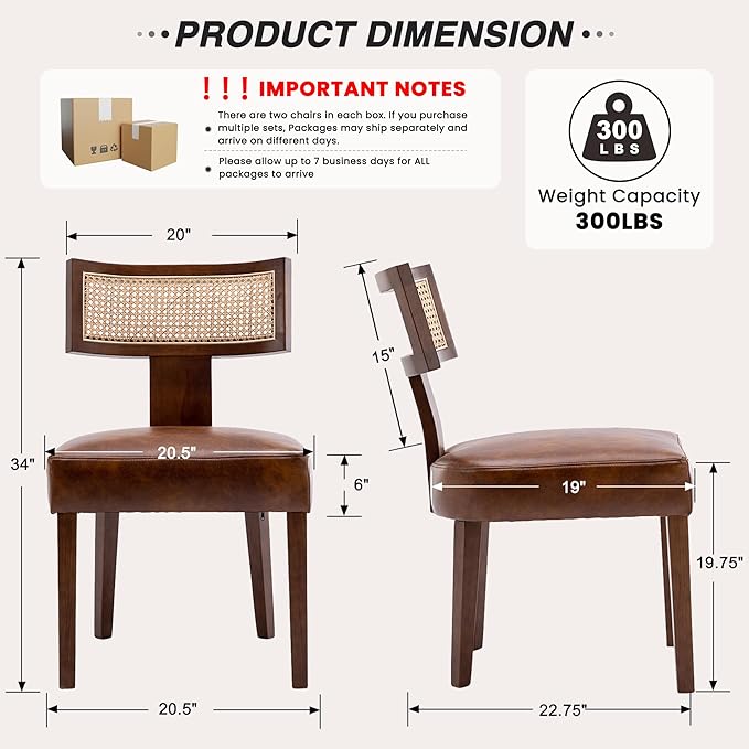 HNY Mid Century Modern Rattan Dining Chairs Set of 6, Farmhouse PU Leather - Image 2