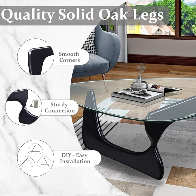 Mid-Century Modern Coffee Table, Tempered Glass Top & Natural Wood Base - Image 4