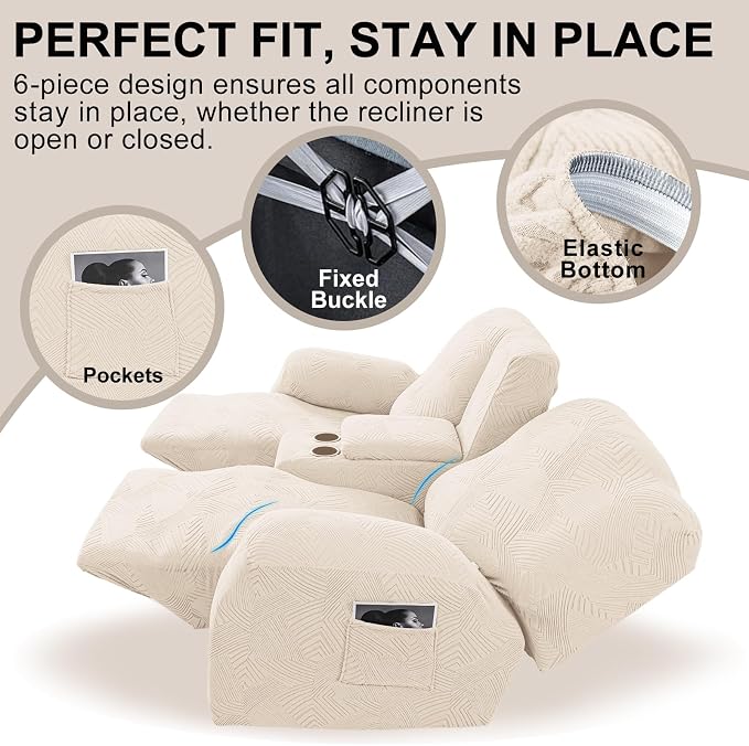 Recliner Loveseat Covers with Console, 6-Piece Stretch Geometric Strokes - Image 4