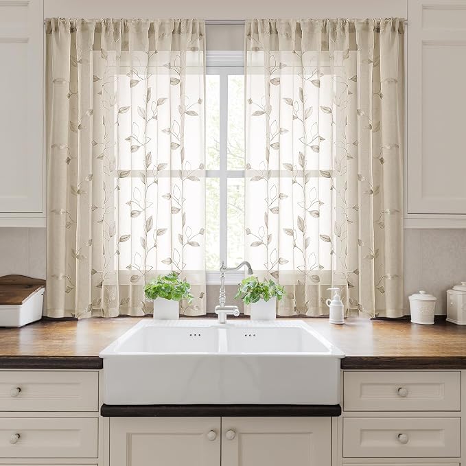 HOMEIDEAS Taupe Sheer Kitchen Curtains 52 x 45 Inch Length 2 Panels Beige - Image 5