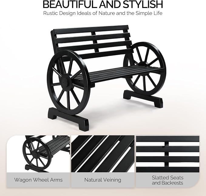 VINGLI Rustic Wooden Wheel Bench Outdoor Bench, Patio Bench Wagon Slatted Seat - Image 5