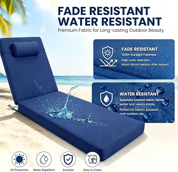 Chaise Lounge Cushion for Outdoor Furniture, Waterproof, Fade-Resistant and - Image 3
