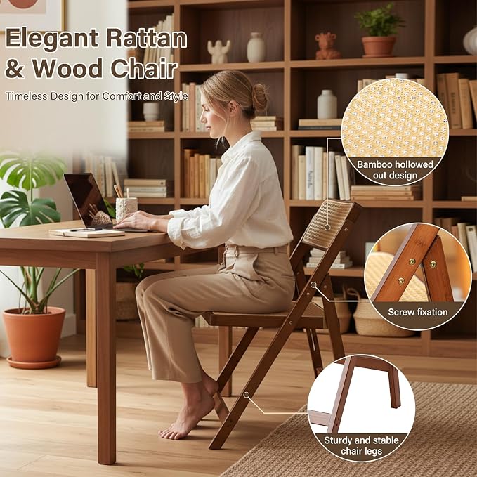 Furlide Rattan Folding Chair, Modern Mid Century Dining Chairs Set of 1 - Image 3