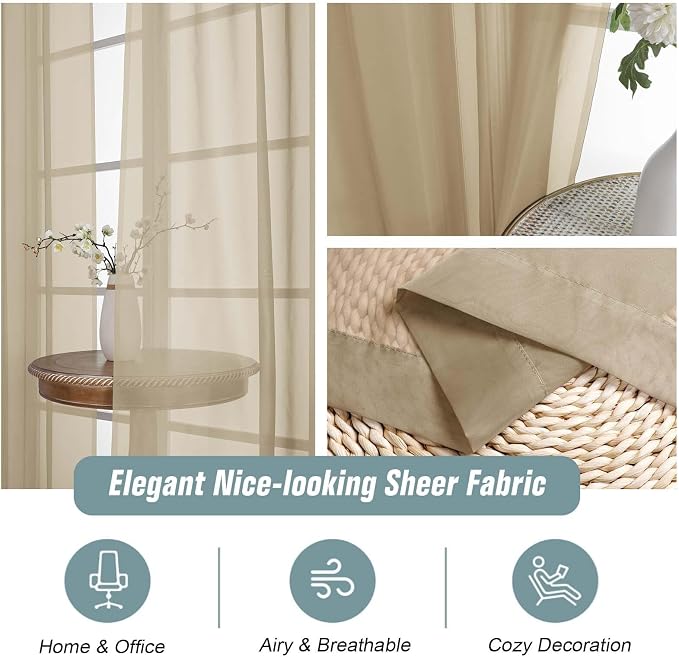 Taupe Sheer Curtains 84 Inches Long 2 Panels, Elegant Airy Transparent Light - Image 4